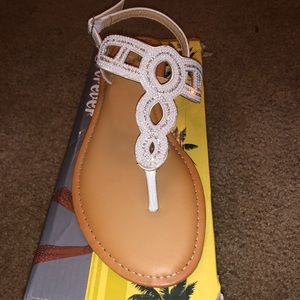 White T-Strap “Tanya” Beaded Sandals
